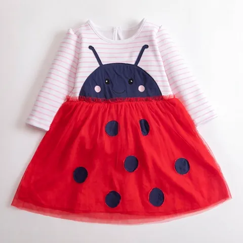 Vestito Invernale da Bambina Foderato in Pile Top a Righe Rosa Gonna in Mesh a Pois Rossi Manica Lunga Patchwork Coccinella