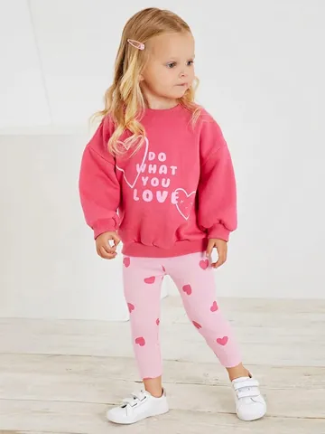Little Maven Mädchen Baumwolle Sweatshirt Leggings Set Langarm Rosa Herz Buchstabendruck Kleinkind Casual 2 Teiliges Herbst Outfit