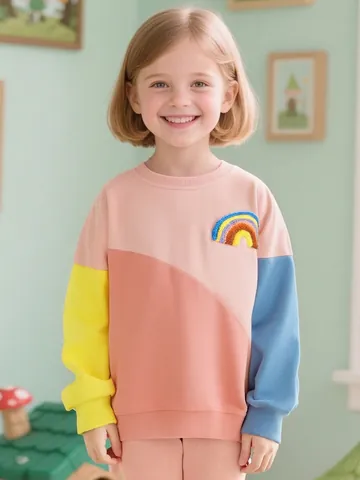 Girls Long Sleeve Cotton Sweatshirt Color Block Rainbow Embroidery Pullover Autumn Casual Crew Neck Fashion Kids Tops