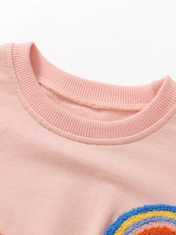Girls Long Sleeve Cotton Sweatshirt Color Block Rainbow Embroidery Pullover Autumn Casual Crew Neck Fashion Kids Tops