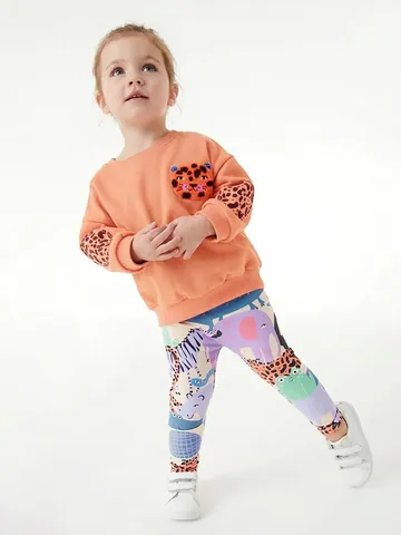 Felpa con Ricamo di Tigre per Bambina e Pantaloni con Stampa Animale in Cotone Caldo con Interno in Pile Completo Casual