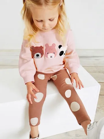 Sweat-Shirt de Broderie d'Animal de Dessin Animé pour Petites Filles et Pantalons à Pois Marron Coton Décontracté Doublé de Polaire
