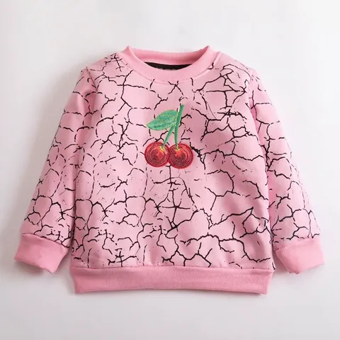 Felpa da Ragazza Foderata in Pile Cotone Manica Lunga Top Rosa Ciliegia Ricamata Pullover per Autunno Inverno Bambini