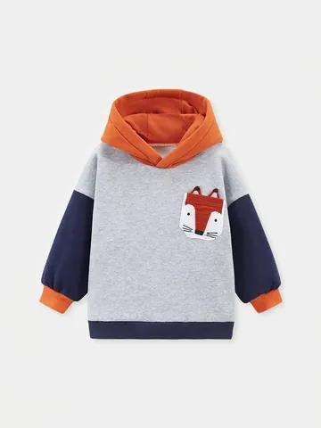 Little Maven Enfants Sweat à Capuche Doublé en Polaire Manches Longues Renard Appliqué Bloc de Couleur Chaud pour Garçons Filles