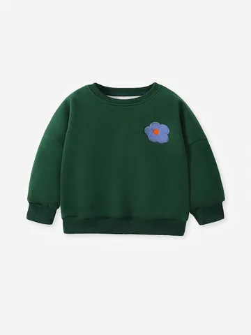 Felpa a Pullover da Ragazza Foderata in Pile Ricamo con Applicazione a Fiore Manica Lunga Invernale Autunnale Casual Top per Bambini