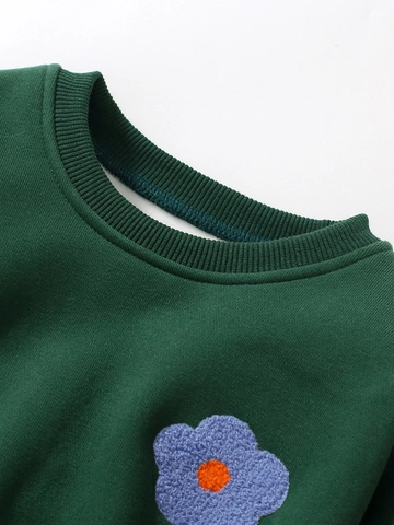 Felpa a Pullover da Ragazza Foderata in Pile Ricamo con Applicazione a Fiore Manica Lunga Invernale Autunnale Casual Top per Bambini