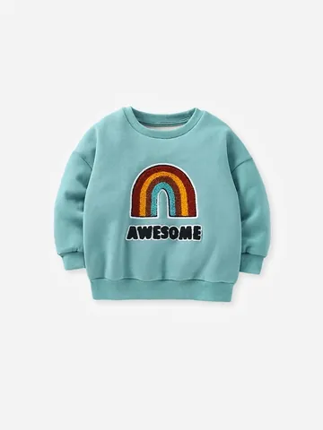 Felpa in Pile per Bambini Manica Lunga Cartone Animato Arcobaleno Scimmia Sole Ricamato Pullover in Cotone per Autunno Casual