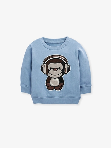 Felpa in Pile per Bambini Manica Lunga Cartone Animato Arcobaleno Scimmia Sole Ricamato Pullover in Cotone per Autunno Casual