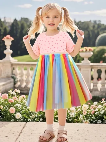 Robe d'été à Manches Courtes pour Filles en Maille Arc-en-ciel Coton Pois Patchwork Robe de Princesse pour Enfants