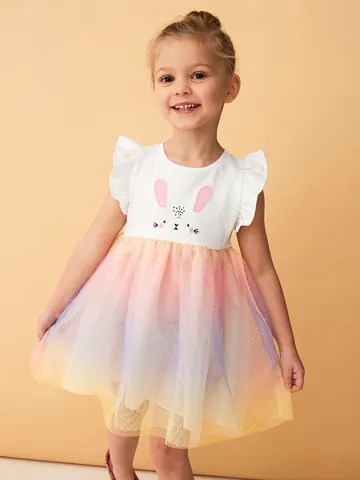 Robe en Tulle de Coton pour Filles Été Dégradé Arc-en-ciel Maille Princesse Jupe Blanc Manches à Volants Lapin Brodée Robe de Fête