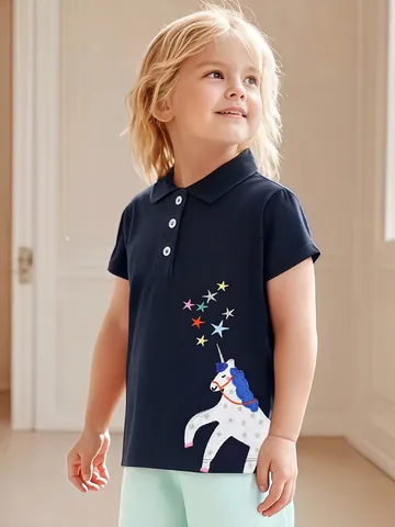 Polo in Cotone da Ragazza a Manica Corta Colletto a Punta Blu Marino Applicazione Unicorno Stelle Top Casual Estivo