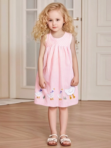 Little Maven Girls Sleeveless Gingham Dress Cotton Polyester Blend Cute Duck Embroidery Summer Casual Sundress For Toddler