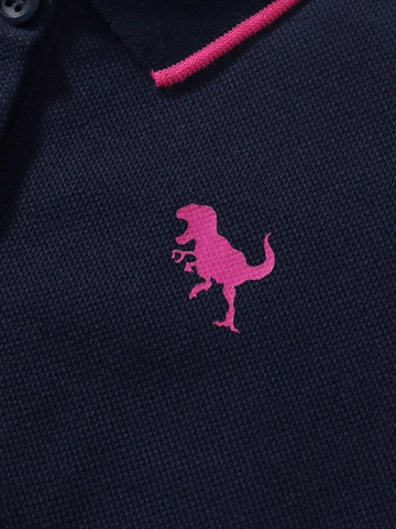 Meisjes Marineblauw Katoen Korte Mouw Polo Jurk Met Roze Dinosauriër Borduurwerk Zomer Casual Prinses A-Lijn Jurk Kinderen
