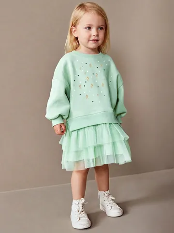 Vestito da Principessa a Maniche Lunghe per Bambina Verde Menta con Motivo a Fiori e Stelle Gonna in Tulle a Rete Foderato in Pile