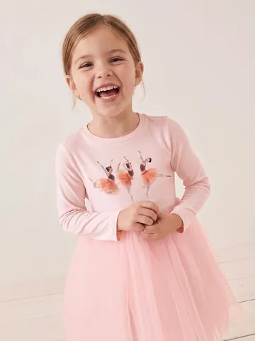 Little Maven Robe à Manches Longues en Coton pour Filles Rose Danseuse de Ballet en Maille Tulle Robe de Princesse