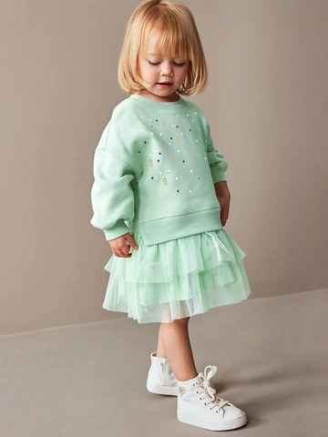 Vestito da Principessa a Maniche Lunghe per Bambina Verde Menta con Motivo a Fiori e Stelle Gonna in Tulle a Rete Foderato in Pile