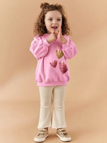 Completo Autunnale da Bambina Felpa a Maniche Lunghe e Pantaloni a Zampa Set Cuore di Paillettes Abbigliamento Casual in Cotone