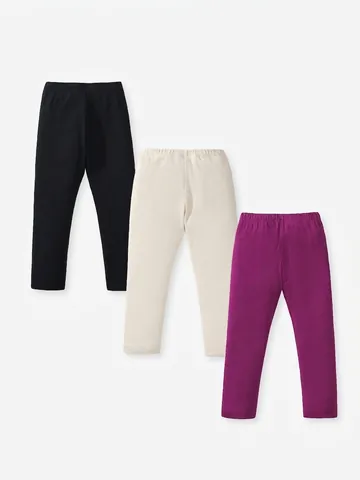 Girls Cotton Blend Ribbed Leggings Elastic Waist Slim Fit Breathable Autumn Trousers Solid Color Casual Knitted Pants