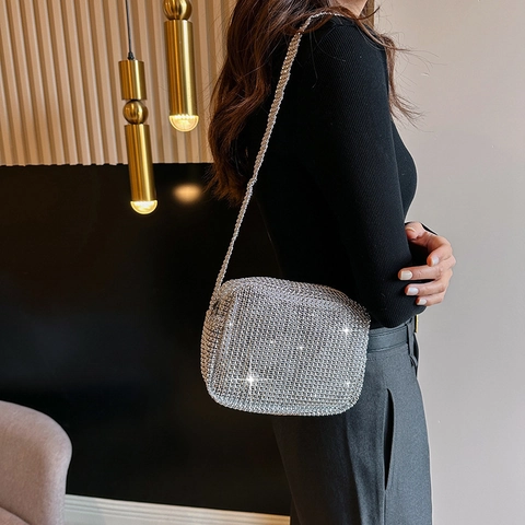 Women Fashion Silver Rhinestone Shoulder Bag Glitter Small Square Crossbody Evening Bag PU Leather Sparkly Party Handbag