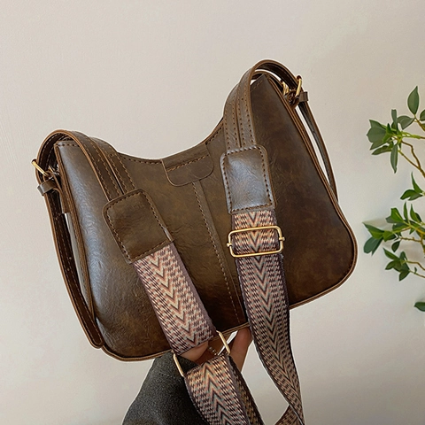 Retro PU Leren Schoudertas Voor Dames Kleine Vierkante Zadeltas Met Geometrische Jacquard Brede Band Casual Crossbodytas