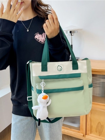 Studenten Nachhilfe Tragetasche Oxford Gewebe Farbblock Smiley Muster Schule Handtasche Mit Ente Anhänger Für Kinder