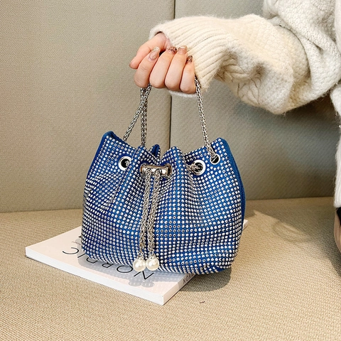 Women Elegant Rhinestone Bucket Bag With Faux Artificial Pearl Drawstring Metal Chain Strap Sparkling Evening Crossbody Shoulder Bag