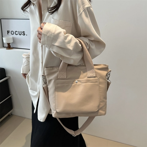 Grote Capaciteit Canvas Tote Tas Voor Dames Casual Woon-werkverkeer Nylon Voering Schoudertas Minimalistisch Effen Kleur Crossbody Tas