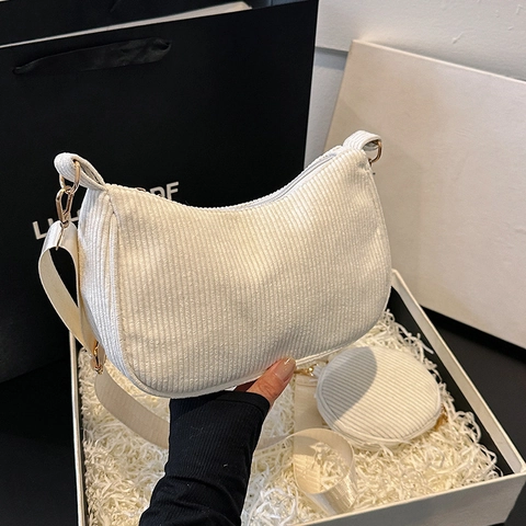 Women Corduroy Shoulder Bag Set Retro Simple Underarm Hobo Bag With Small Round Purse Adjustable Strap Fashion Satchel
