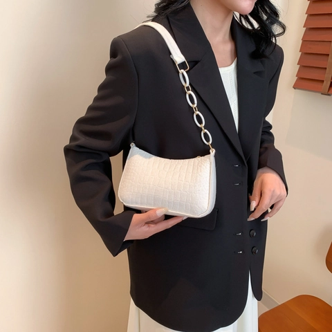 Damen Mode Krokodil Muster Achseltasche Kleine Umhängetasche Mit Kette Street Style PU Leder Baguette Tasche Für Den Alltag