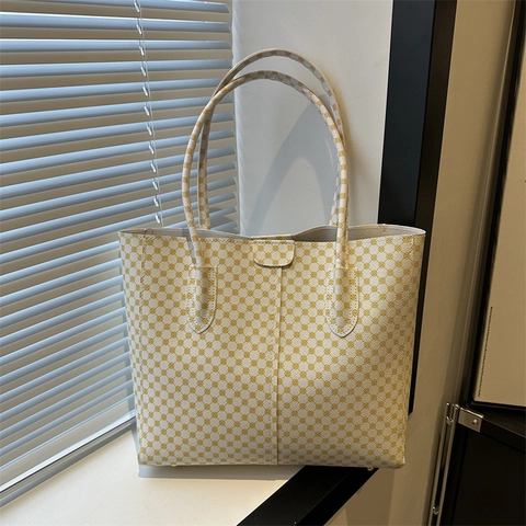 Women Large Capacity Tote Bag PU Leather Geometric Monogram Print Handbag For Daily Commuting Office Trendy Chic Style