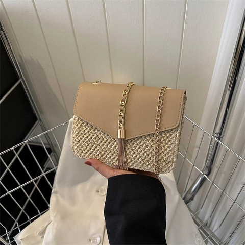 Dames Stro Gevlochten Schoudertas PU Patchwork Kwastjes Decor Kleine Vierkante Doos Crossbody Tas Zomer Casual Strand Reizen Portemonnee