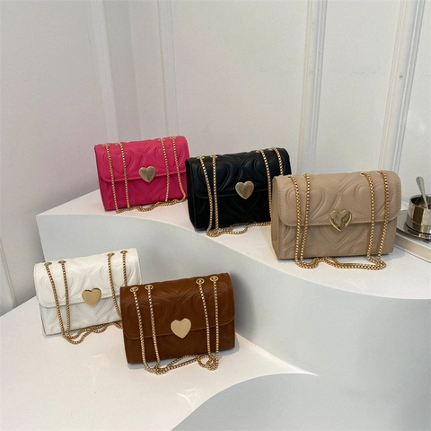 Bolso De Hombro Para Mujer Acolchado Corazón Cuero PU Bolso Cruzado Cierre Corazón Dorado Correa Cadena Metal Moda