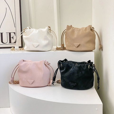 Fashion Women PU Leather Drawstring Bucket Bag Elegant Chain Strap Small Crossbody Shoulder Bag With Cute Fur Pendant