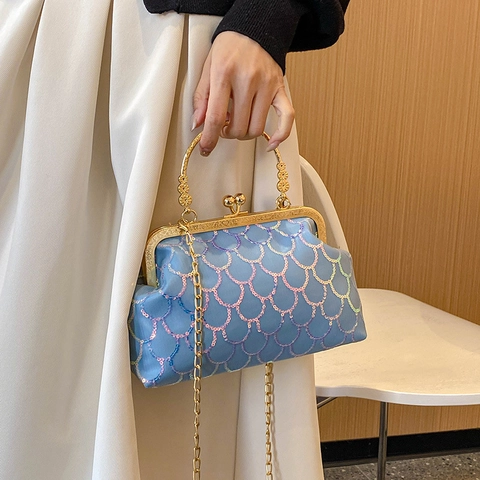 Vintage Sequin Fish Scale Women Evening Bag Mesh Metallic Frame Kiss Lock Clutch Shoulder Crossbody Handbag With Chain Strap
