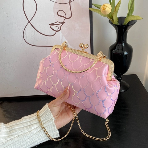 Borsa Da Sera Vintage Con Paillettes Motivo A Scaglie Di Pesce Manico In Metallo Chiusura A Bacio Pochette Per Donne Festa