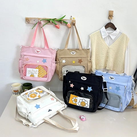 Japanese Preppy Style Canvas Tote Bag Star Patch Large Capacity Clear Pocket Crossbody Messenger Shoulder Bag For School Everyday Casual Women