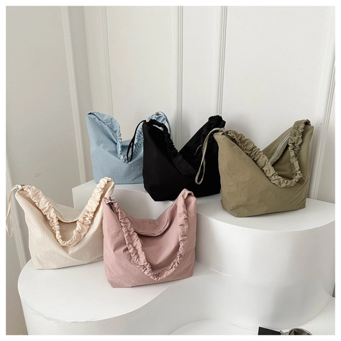 Large Capacity Tote Bag Canvas Nylon Ruched Pleated Strap Casual Shoulder Crossbody Minimalist Daily Hobo For Women
