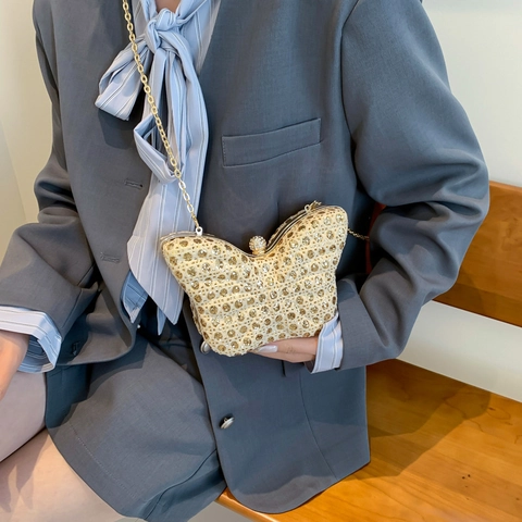 Borsa da Sera a Forma di Farfalla con Paillettes e Strass Catena in Metallo Tracolla Clutch per Donna Festa Matrimonio