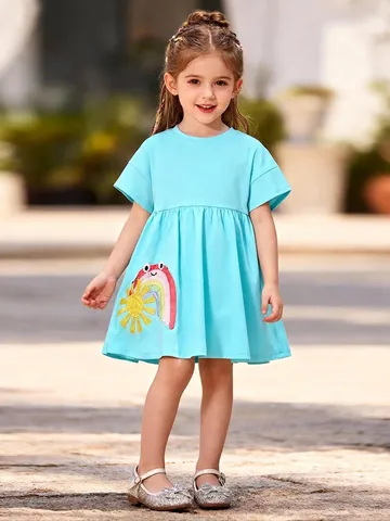 Little Maven Vestito da Bambina in 100% Cotone a Maniche Corte Con Ricamo Arcobaleno Sole Estivo Abito Linea A Blu