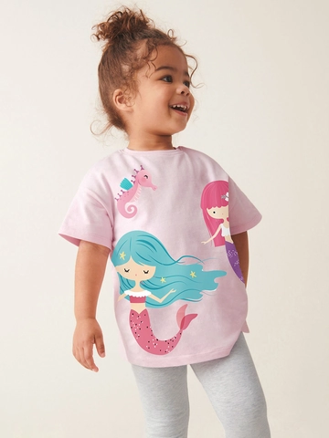 Conjunto de Dos Piezas para Niña Estampado de Sirena y Caballito de Mar Camiseta de Algodón Manga Corta y Pantalones Largos Verano