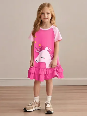 Mädchen Süßes Baumwolle Kurzarmkleid Einhorn Applikation Rüschensaum Casual Sommer Prinzessin Partykleid Für Kleinkinder