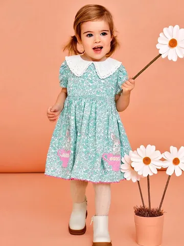 Girls Short Sleeve Floral Dress With Lace Peter Pan Collar And Bunny Embroidery Sweet Pastoral Style Kids Clothing