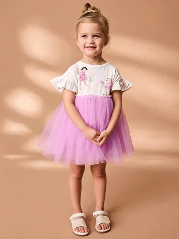 Meisjes Zoete Prinsessenjurk Katoen Korte Mouw Ruffle Cartoon Gedrukt Tulle Patchwork Mesh Party Tutu Jurk Voor Kinderen