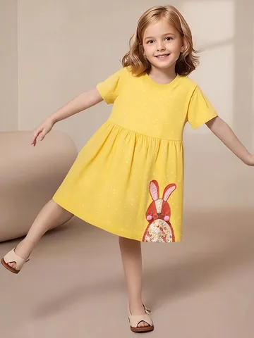 Kleine Meisjes Katoen Korte Mouw Prinsessenjurk Stippen Konijn Applique Zomer Casual Jurk Voor Kinderen 2-7 Jaar