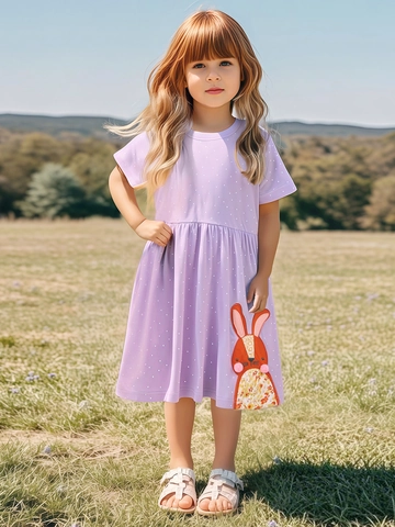 Kleine Meisjes Katoen Korte Mouw Prinsessenjurk Stippen Konijn Applique Zomer Casual Jurk Voor Kinderen 2-7 Jaar