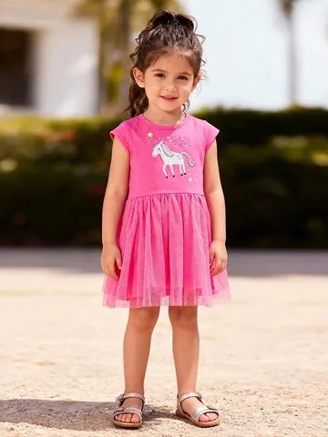 Robe de Princesse en Tulle Rose avec Broderie Licorne pour Filles Manches Courtes en Coton et Mesh Robe de Fête à Étages