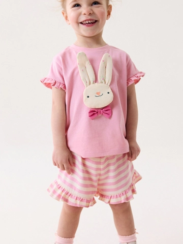 Toddler Girls Summer Cotton Outfit Cute Short Sleeve T-Shirt With Rabbit Patch And Striped Ruffle Shorts Casual Clothes