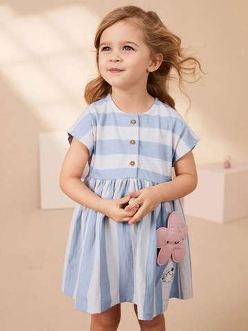Little Maven Girls Striped Cotton Dress Summer Short Sleeve Blue White Stripe Pink Flower Applique Sweet Kids Casual Dress