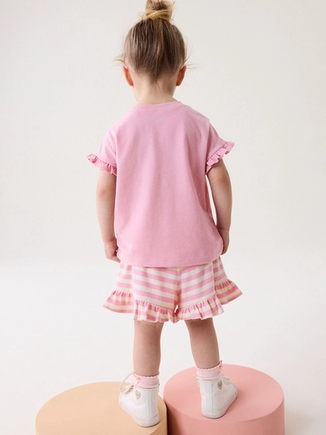 Toddler Girls Summer Cotton Outfit Cute Short Sleeve T-Shirt With Rabbit Patch And Striped Ruffle Shorts Casual Clothes