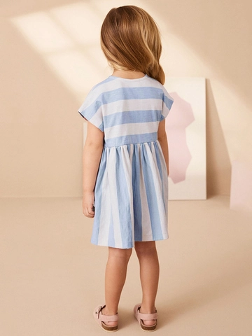 Little Maven Girls Striped Cotton Dress Summer Short Sleeve Blue White Stripe Pink Flower Applique Sweet Kids Casual Dress